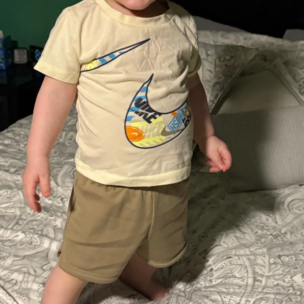 Nike Yellow Tee with Multicolor Swoosh and Matching Tan Shorts size 18m. - Picture 7 of 8